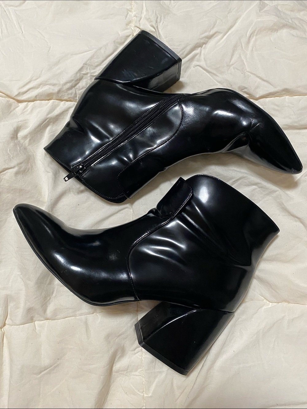 JEFFREY CAMPBELL Black Patent Ankle Booties with Sculpted Block Heel Size 10
